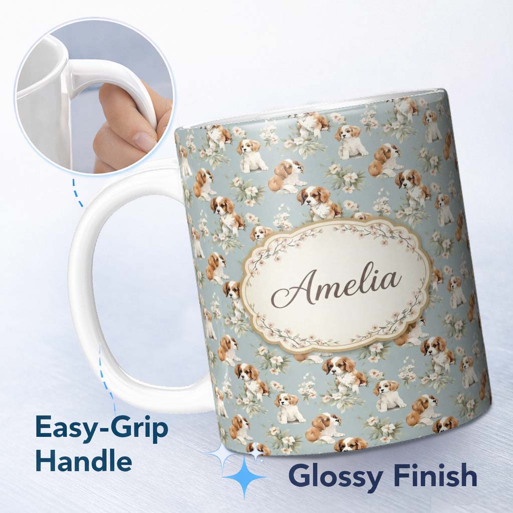 Personalized Custom Name Adorable Puppy Dogs with Floral Elements Soft Blue Seamless Pattern 11oz Ceramic Coffee Tea Mug White Large Handle