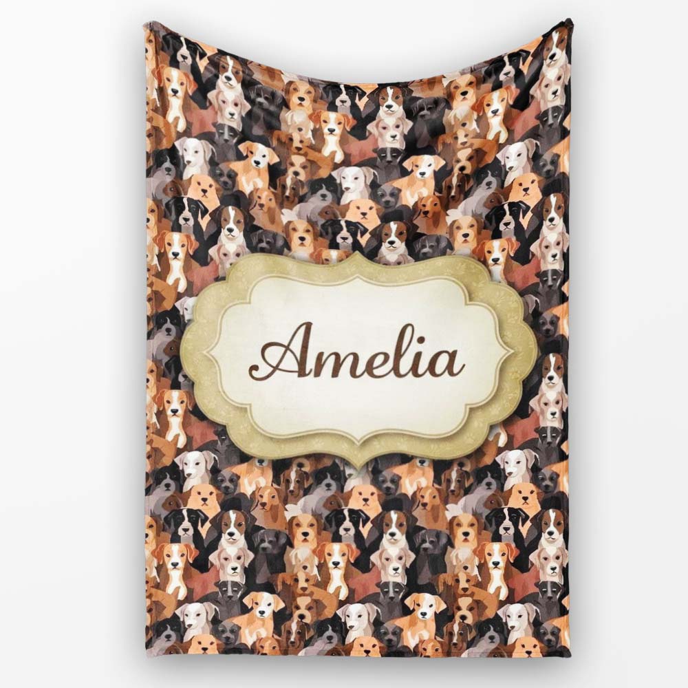 Cute Cartoon Dog Breeds on Dark Background Seamless Pattern Name Personalised Custom Name Super Soft Fleece Blanket Bed Sofa Throw