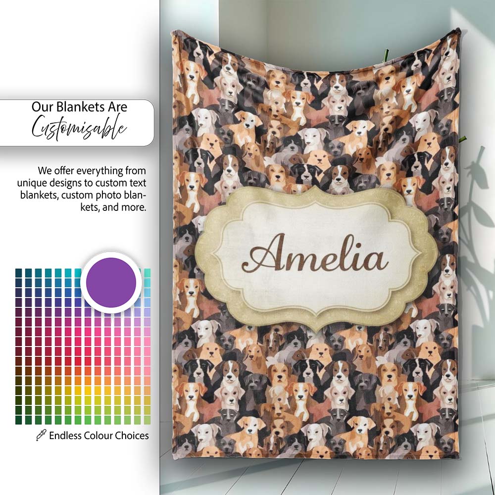 Cute Cartoon Dog Breeds on Dark Background Seamless Pattern Name Personalised Custom Name Super Soft Fleece Blanket Bed Sofa Throw