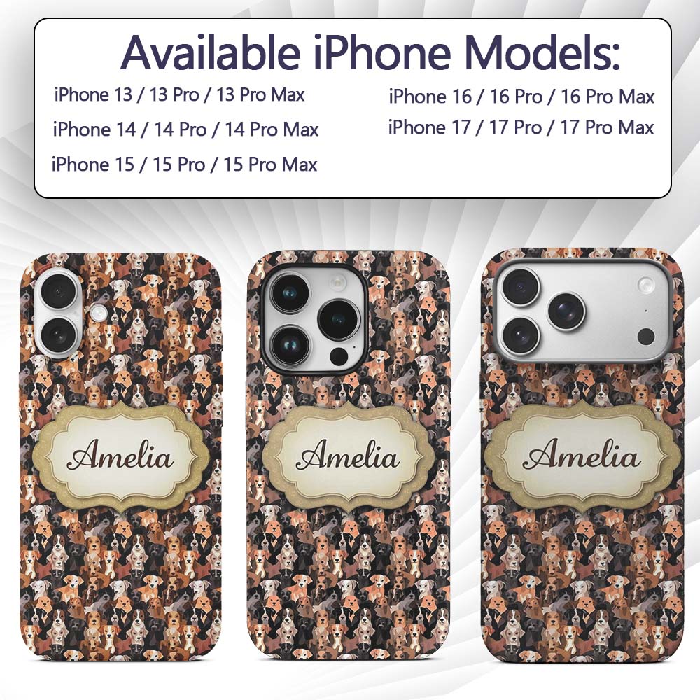 Cute Cartoon Dog Breeds on Dark Printed Design Custom Name Protective Phone Case Mobile Cover Durable Everyday Smartphone Shock Resistant
