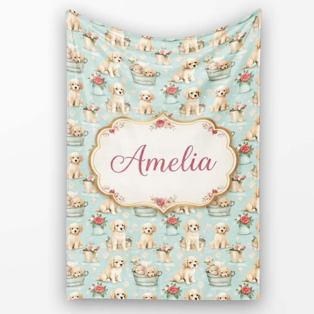 Cute Golden Retriever Puppies with Vintage Buckets Seamless Pattern Personalised Custom Name Super Soft Fleece Blanket Bed Sofa Throw