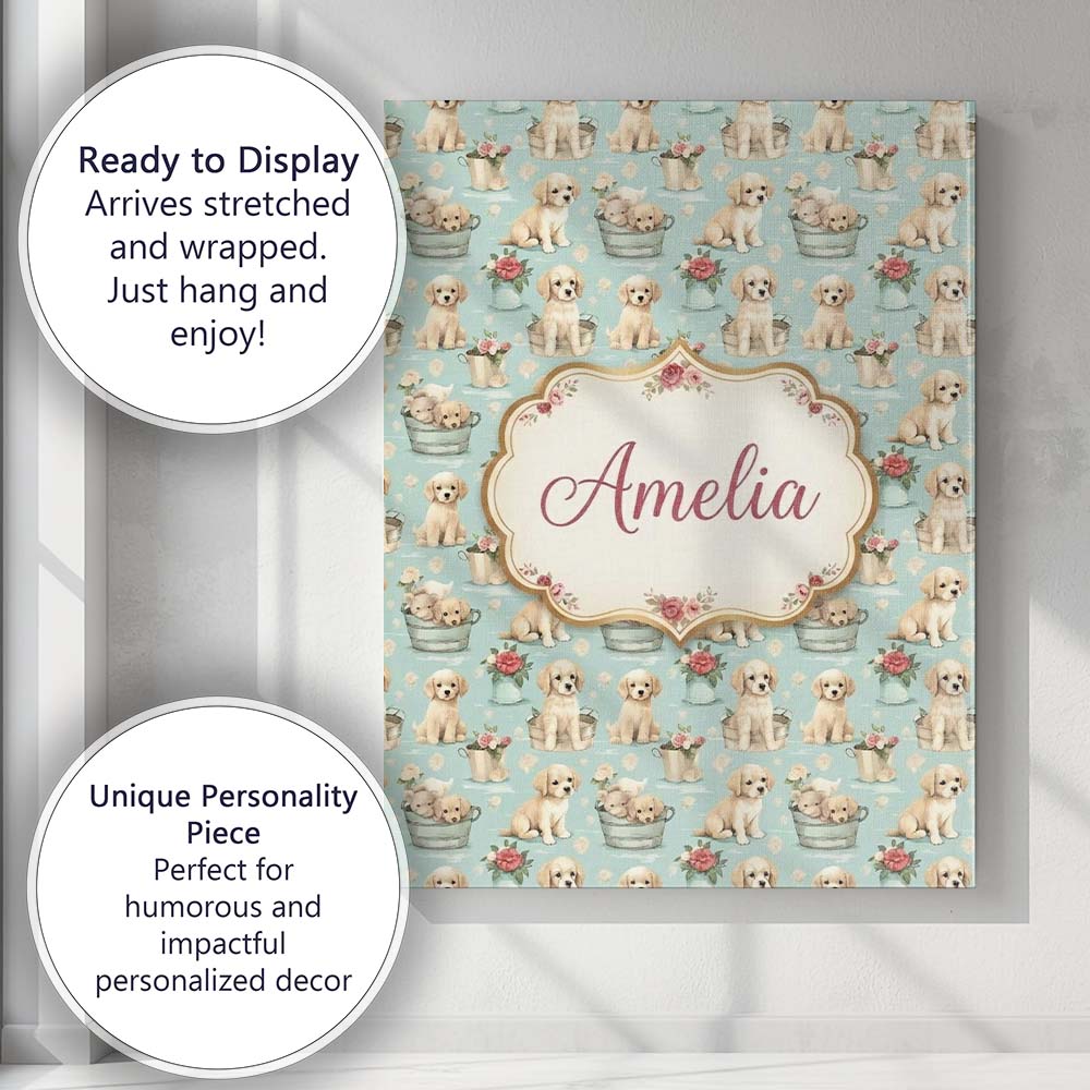 Personalised Name Cute Golden Retriever Custom Modern Room Accent Elegant Feature Canvas Wall Art Print Decor Picture Ready to Hang