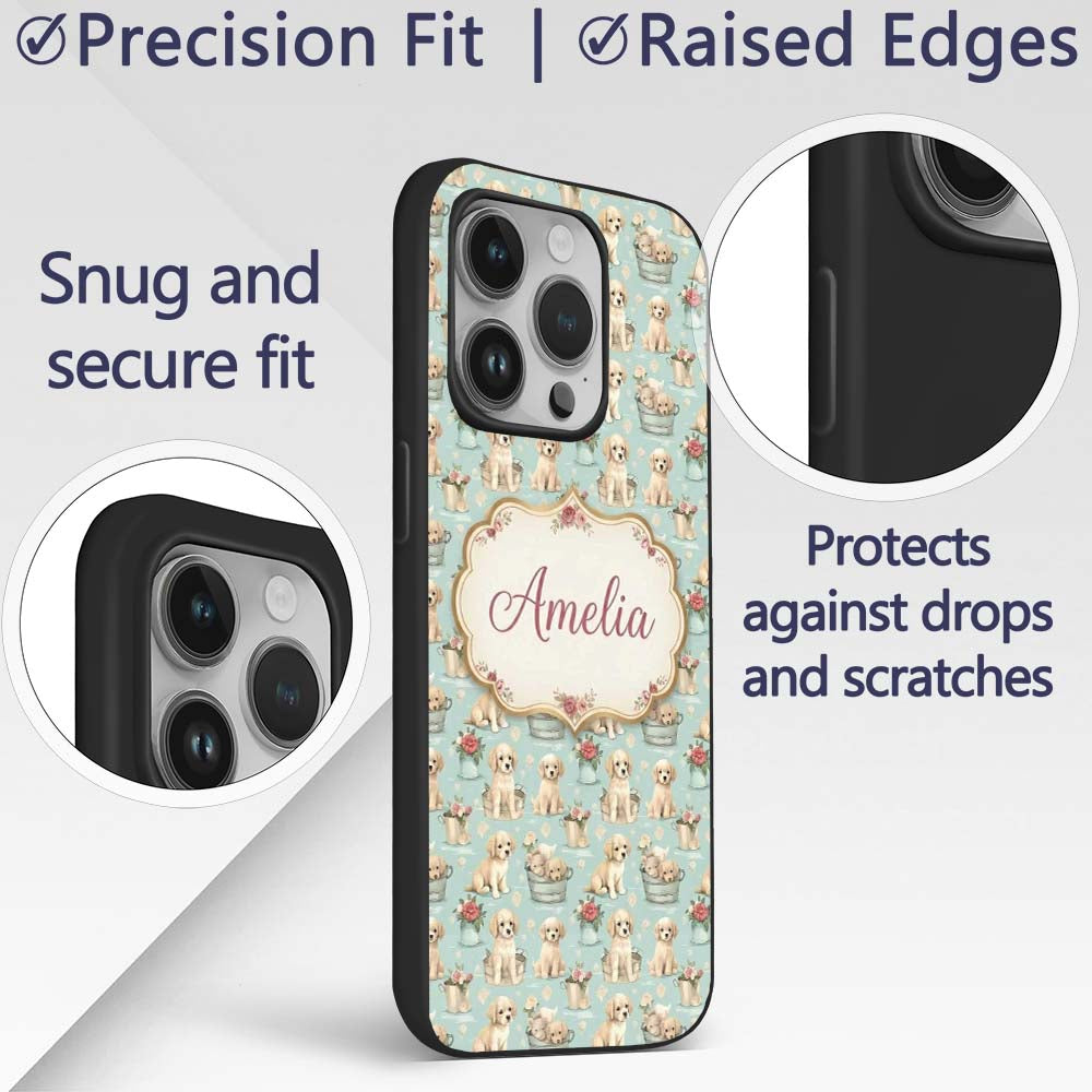 Cute Golden Retriever Puppies with Printed Design Custom Name Protective Phone Case Mobile Cover Durable Everyday Smartphone Shock Resistant