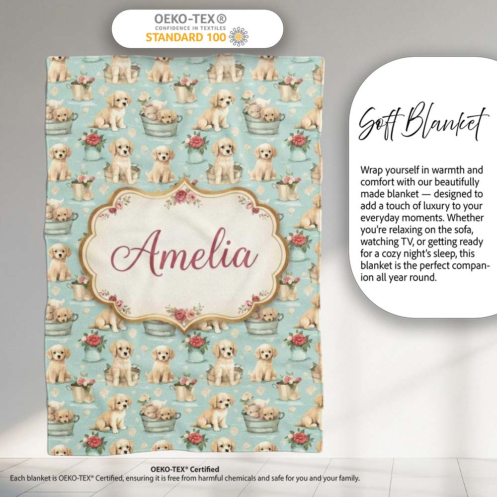 Cute Golden Retriever Puppies with Vintage Buckets Seamless Pattern Personalised Custom Name Super Soft Fleece Blanket Bed Sofa Throw