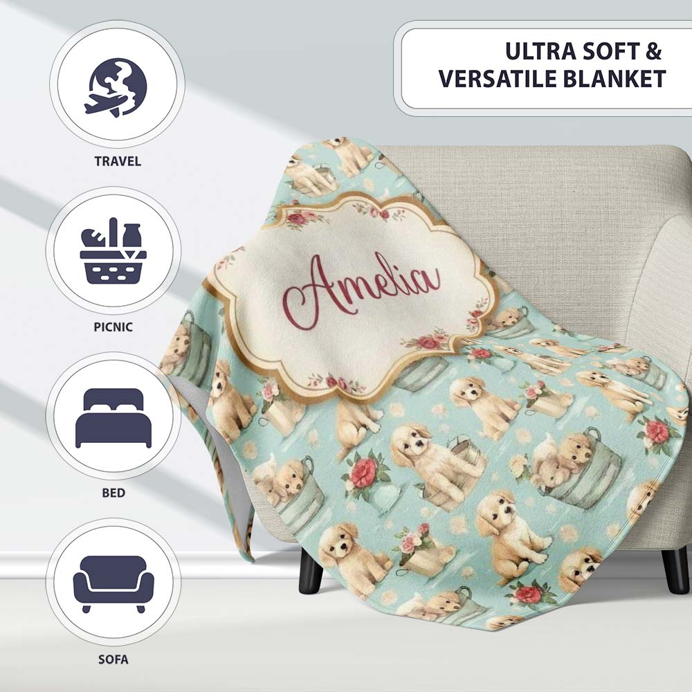 Cute Golden Retriever Puppies with Vintage Buckets Seamless Pattern Personalised Custom Name Super Soft Fleece Blanket Bed Sofa Throw