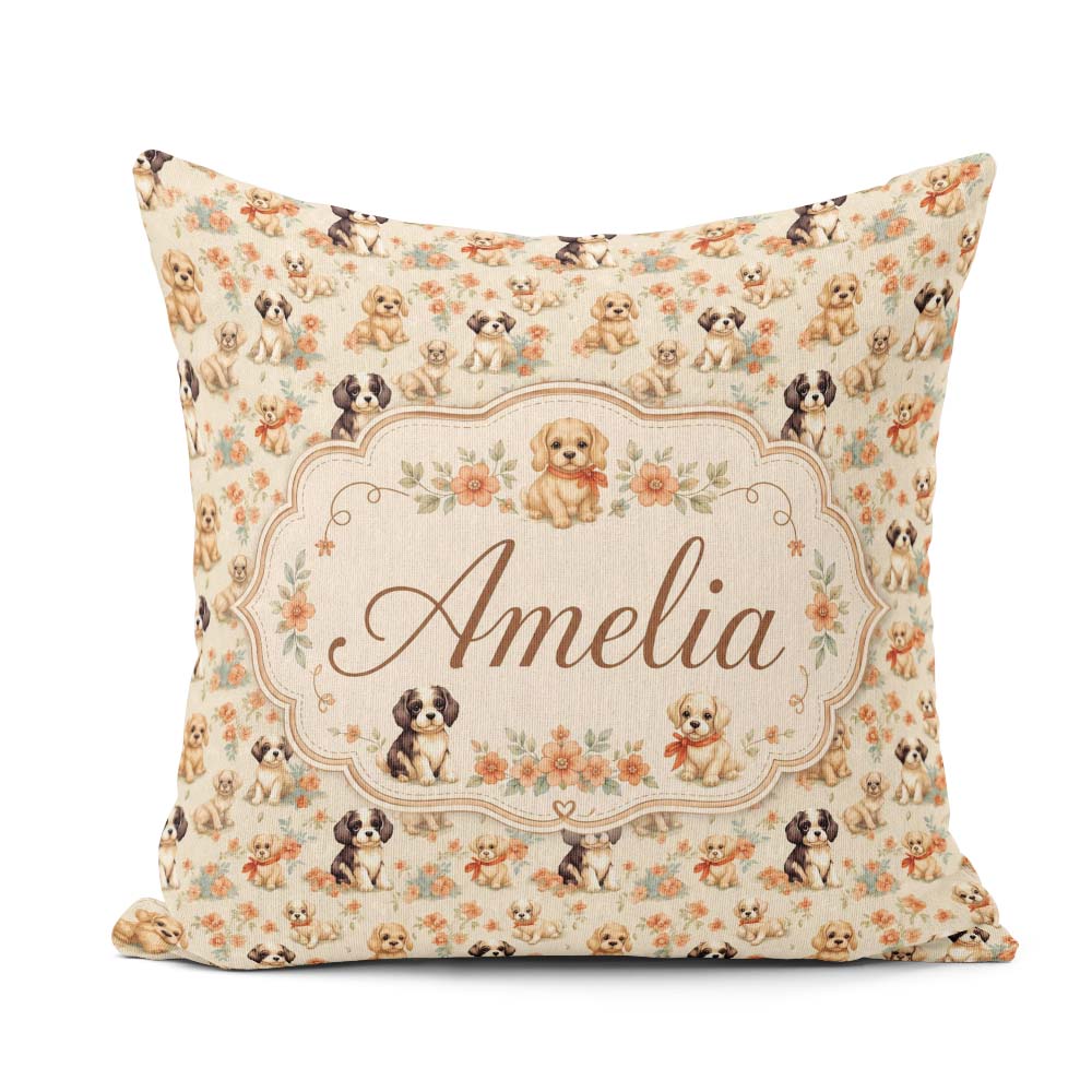 Custom Name Cute Mixed Breed Puppies with Accents Beige Seamless Square Filled Cushion Throw Pillow Sofa Bed Home Decor Zip Washable UK Made