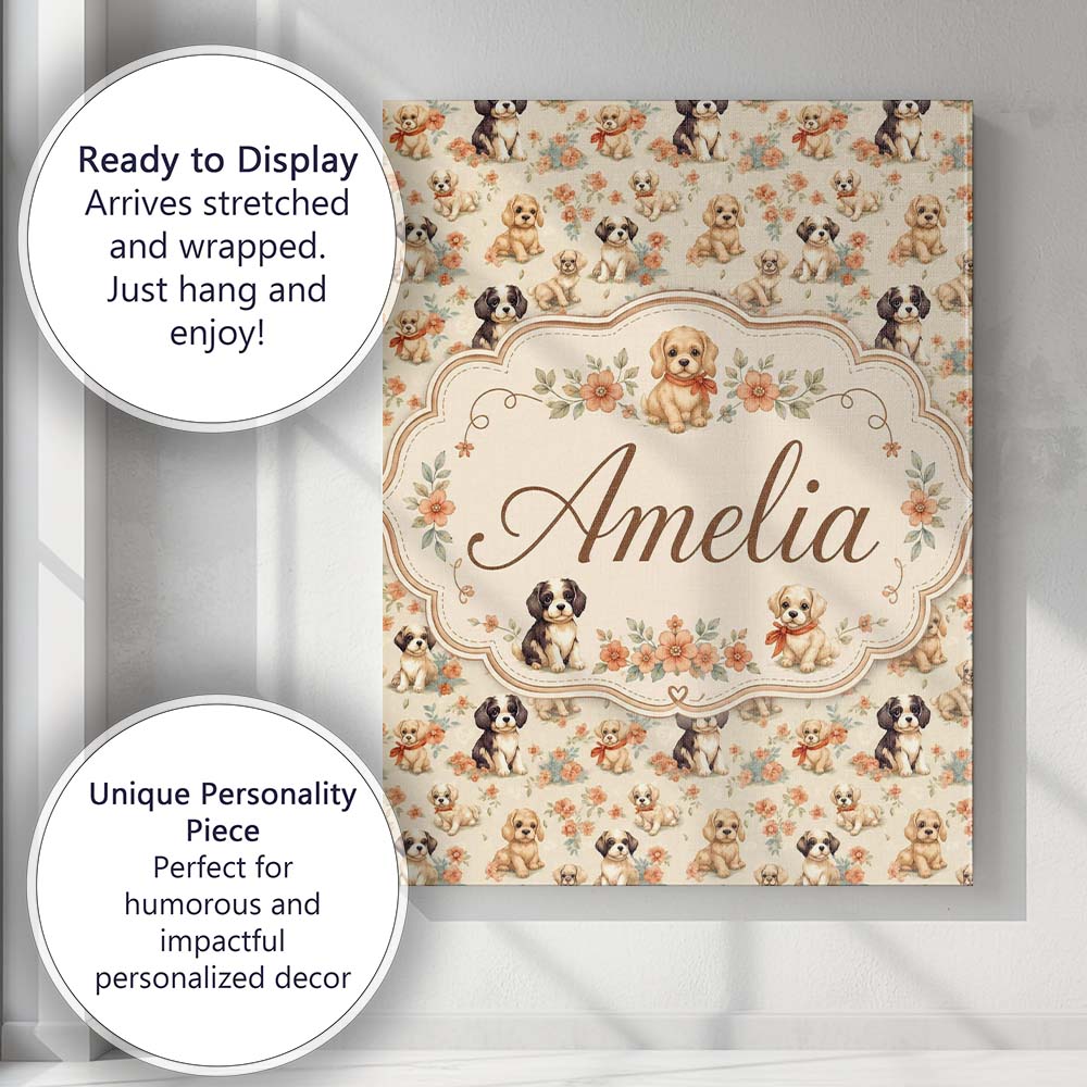 Personalised Name Cute Mixed Breed Puppies Custom Unique Gift Idea Elegant Feature Canvas Wall Art Print Decor Picture Ready to Hang