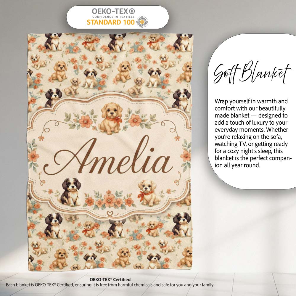 Cute Mixed Breed Puppies with Floral Accents Beige Seamless Pattern Personalised Custom Name Super Soft Fleece Blanket Bed Sofa Throw