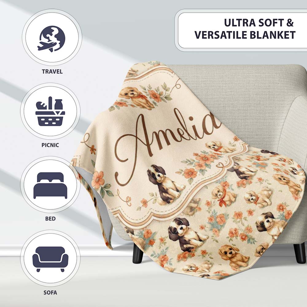 Cute Mixed Breed Puppies with Floral Accents Beige Seamless Pattern Personalised Custom Name Super Soft Fleece Blanket Bed Sofa Throw