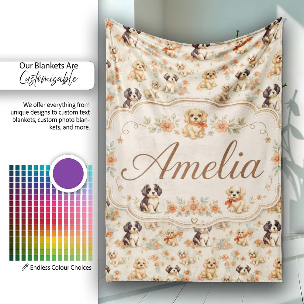 Cute Mixed Breed Puppies with Floral Accents Beige Seamless Pattern Personalised Custom Name Super Soft Fleece Blanket Bed Sofa Throw