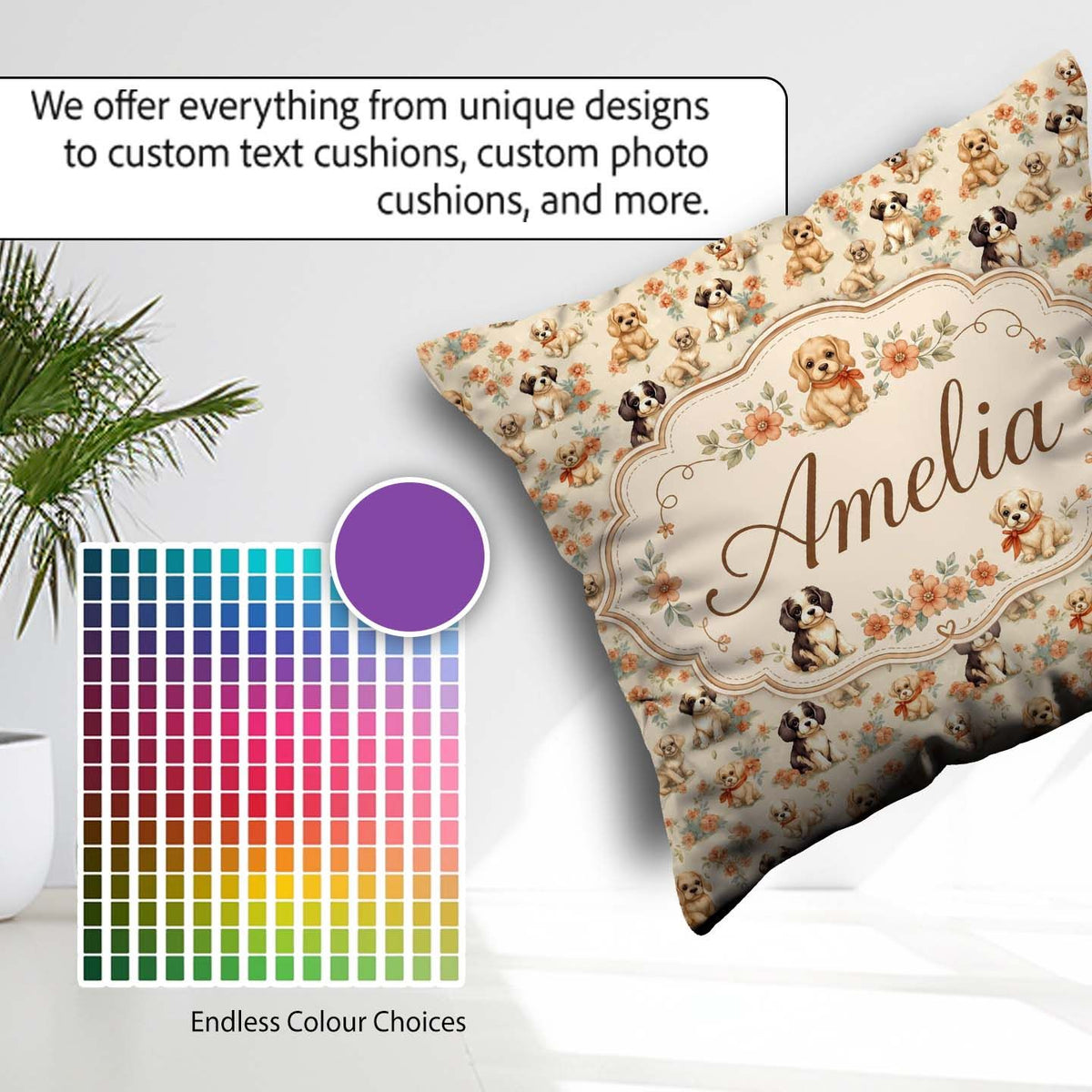 Custom Name Cute Mixed Breed Puppies with Accents Beige Seamless Square Filled Cushion Throw Pillow Sofa Bed Home Decor Zip Washable UK Made