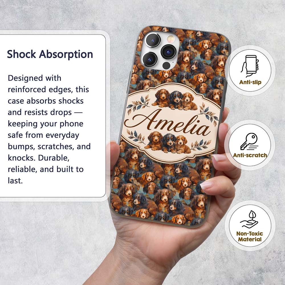 Cute Brown and Black Puppy Dogs Painterly Style Custom Name Protective Phone Case Mobile Cover Durable Everyday Smartphone Shock Resistant