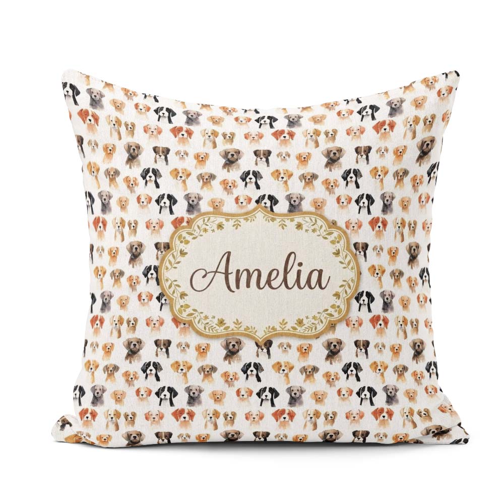 Custom Name Cute Watercolor Dog Faces on White Seamless Pattern Square Filled Cushion Throw Pillow Sofa Bed Home Decor Zip Washable UK Made