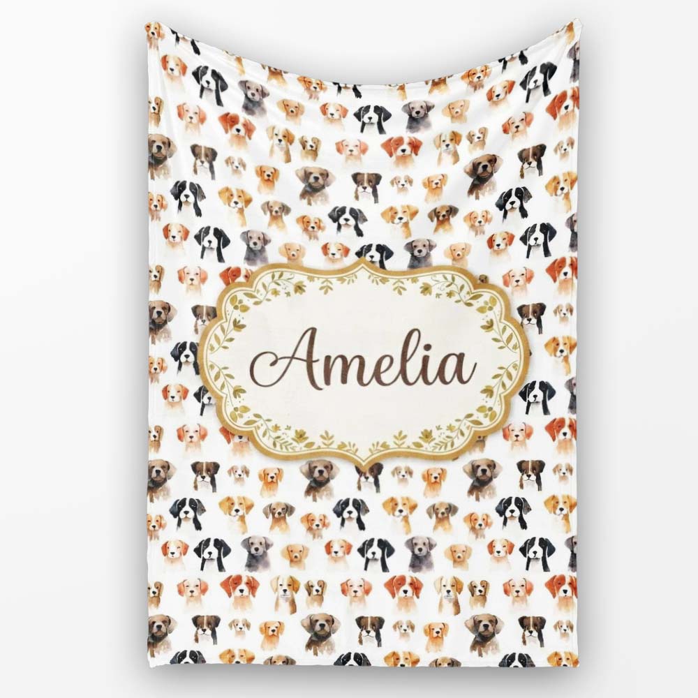 Cute Watercolor Dog Faces on White Background Seamless Pattern Personalised Custom Name Super Soft Fleece Blanket Bed Sofa Throw