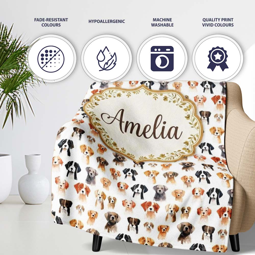 Cute Watercolor Dog Faces on White Background Seamless Pattern Personalised Custom Name Super Soft Fleece Blanket Bed Sofa Throw