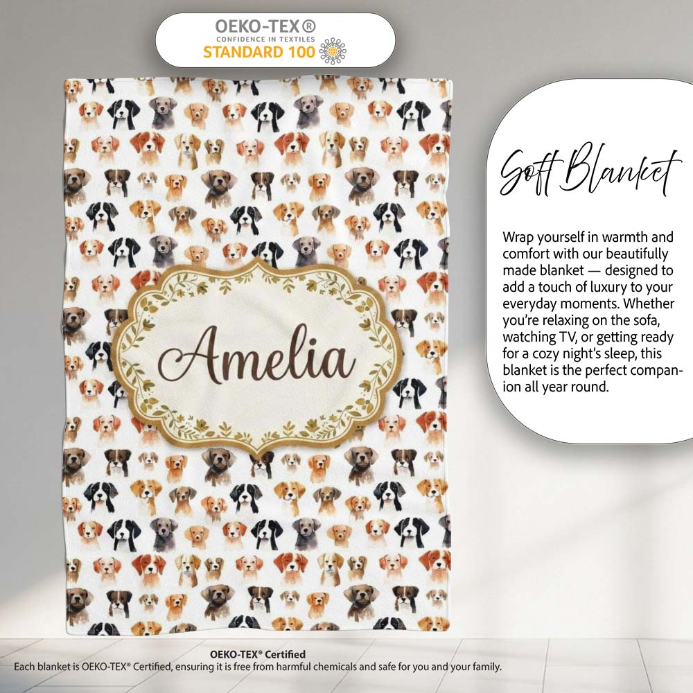 Cute Watercolor Dog Faces on White Background Seamless Pattern Personalised Custom Name Super Soft Fleece Blanket Bed Sofa Throw