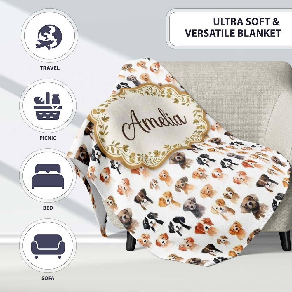 Cute Watercolor Dog Faces on White Background Seamless Pattern Personalised Custom Name Super Soft Fleece Blanket Bed Sofa Throw