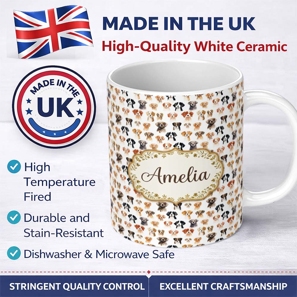 Personalized Custom Name Cute Watercolor Dog Faces on White Background Seamless Pattern 11oz Ceramic Coffee Tea Mug White Large Handle