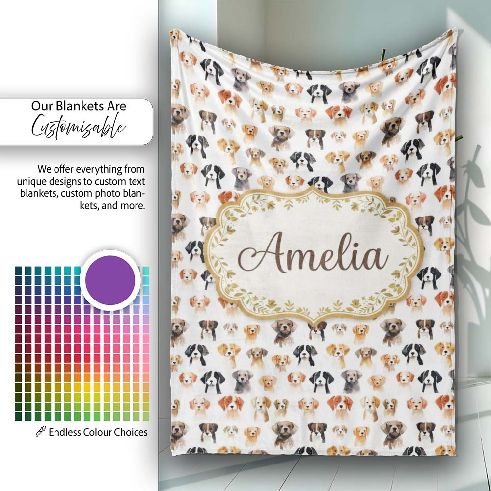 Cute Watercolor Dog Faces on White Background Seamless Pattern Personalised Custom Name Super Soft Fleece Blanket Bed Sofa Throw