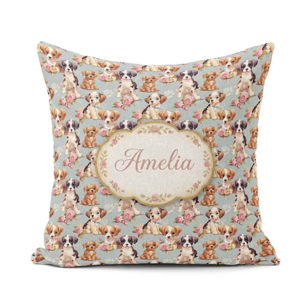 Custom Name Adorable Cartoon with Pink Roses Background Seamless Square Filled Cushion Throw Pillow Sofa Bed Home Decor Zip Washable UK Made