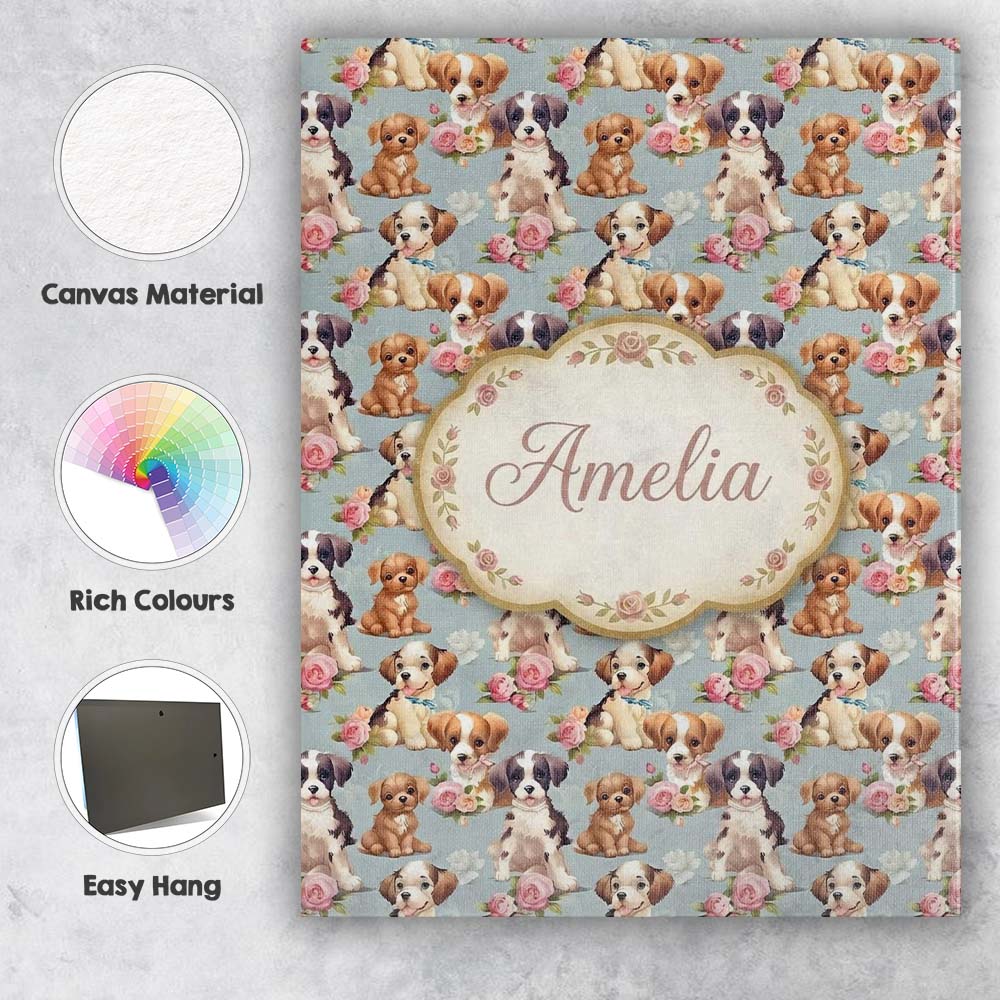 Personalised Name Adorable Cartoon Puppies Custom Unique Gift Idea Elegant Feature Canvas Wall Art Print Decor Picture Ready to Hang