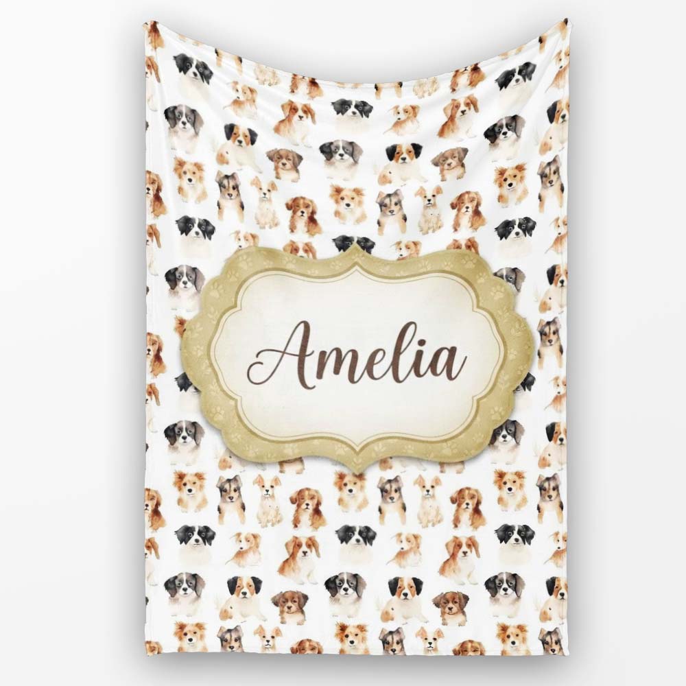 Cute Mixed Breed Dog Portraits on White Seamless Pattern Name Personalised Custom Name Super Soft Fleece Blanket Bed Sofa Throw