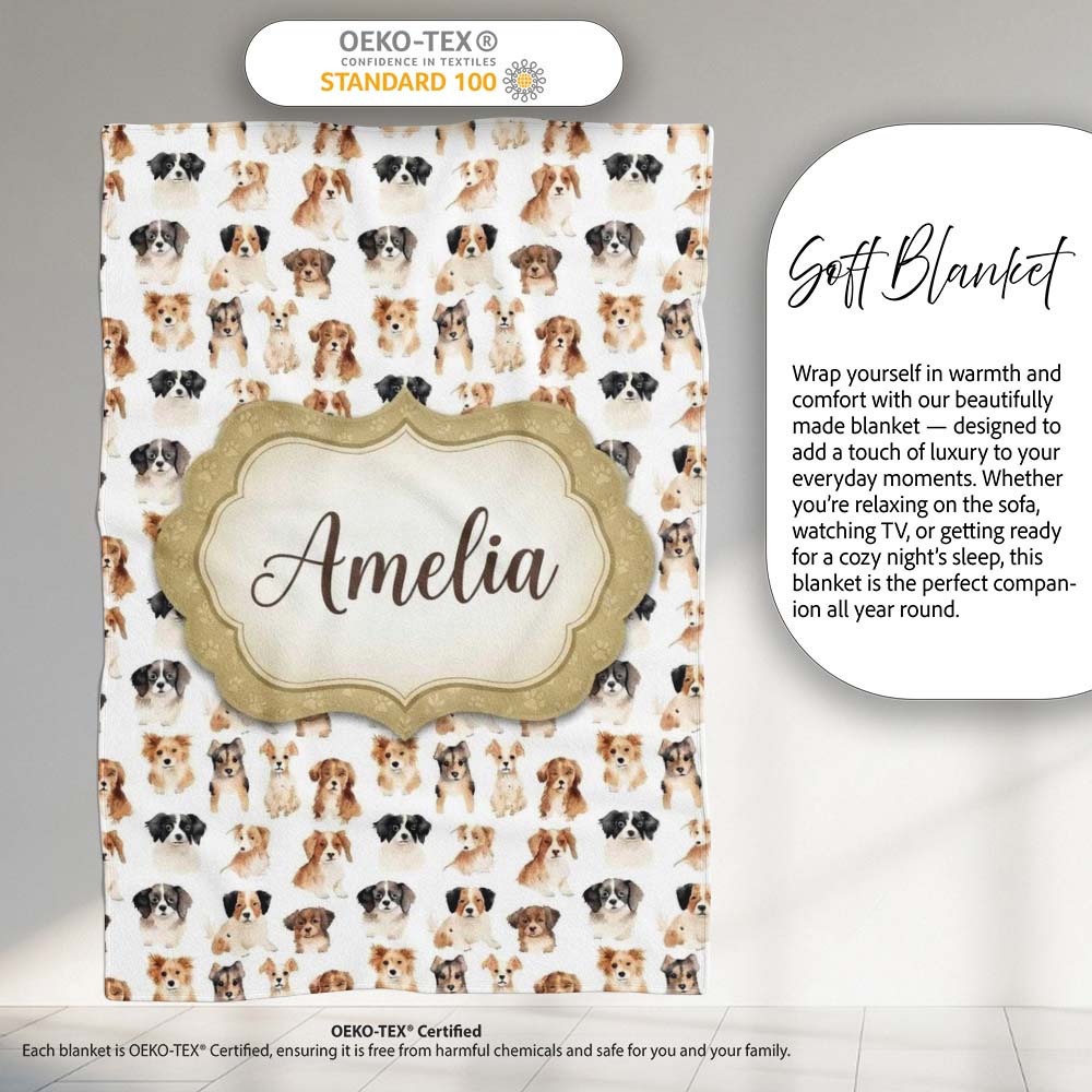 Cute Mixed Breed Dog Portraits on White Seamless Pattern Name Personalised Custom Name Super Soft Fleece Blanket Bed Sofa Throw