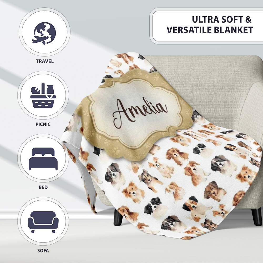 Cute Mixed Breed Dog Portraits on White Seamless Pattern Name Personalised Custom Name Super Soft Fleece Blanket Bed Sofa Throw