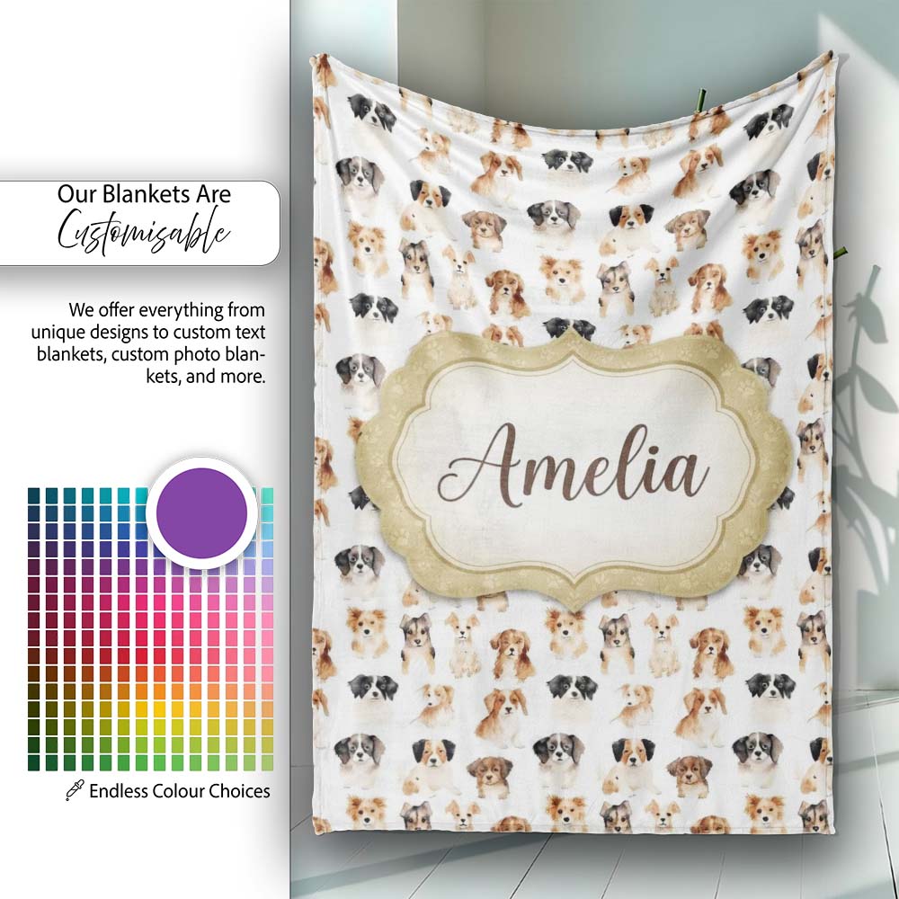 Cute Mixed Breed Dog Portraits on White Seamless Pattern Name Personalised Custom Name Super Soft Fleece Blanket Bed Sofa Throw