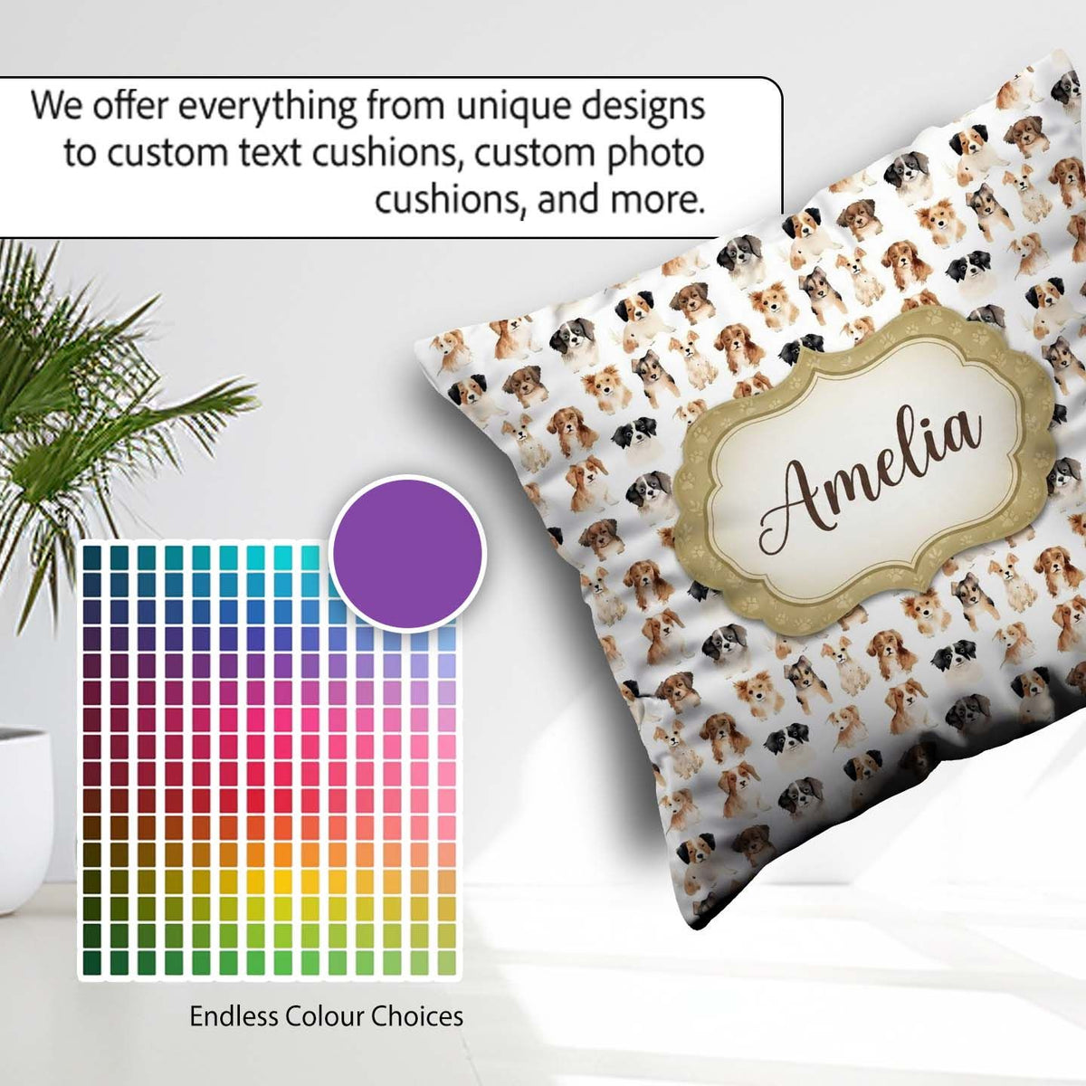 Custom Name Cute Mixed Breed Dog Portraits on White Pattern Name Square Filled Cushion Throw Pillow Sofa Bed Home Decor Zip Washable UK Made