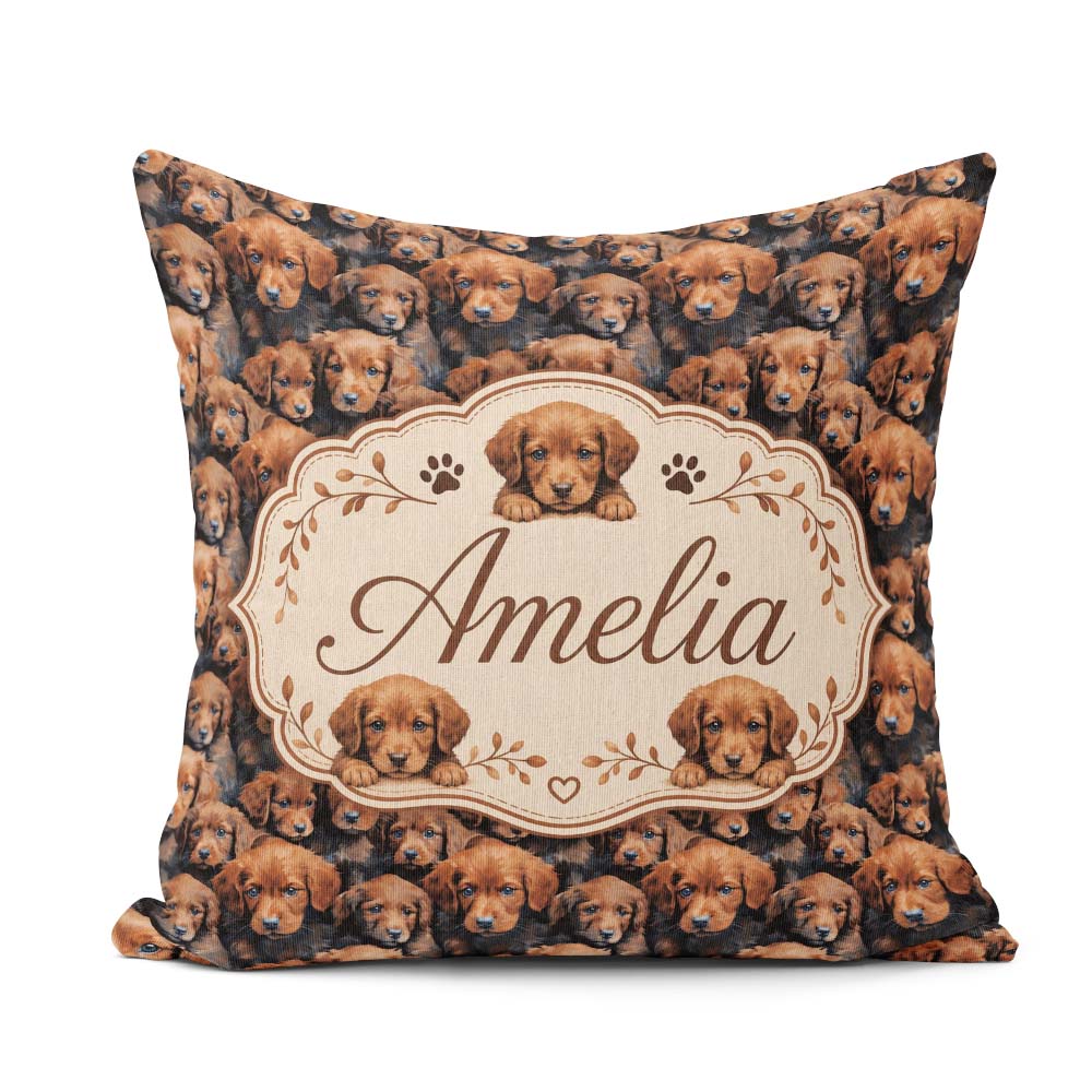 Custom Name Realistic Brown Puppy Dogs Close Up Seamless Pattern Square Filled Cushion Throw Pillow Sofa Bed Home Decor Zip Washable UK Made