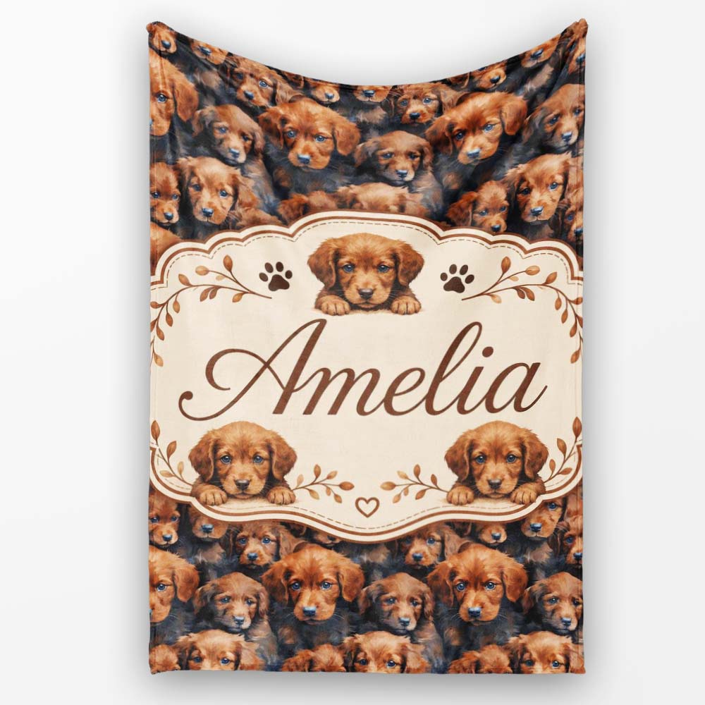 Realistic Golden Brown Puppy Dogs Close Up Seamless Pattern Name Personalised Custom Name Super Soft Fleece Blanket Bed Sofa Throw