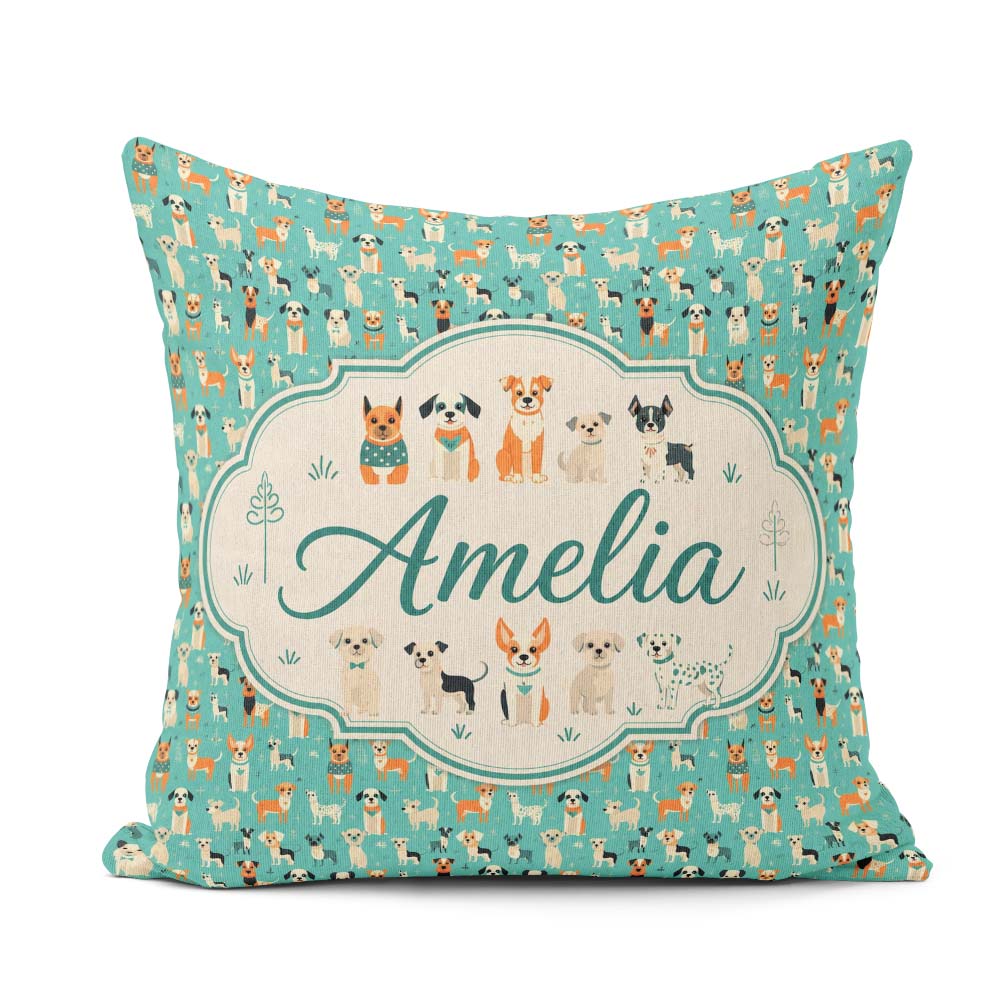 Custom Name Cute Cartoon Dogs on Teal Fun Seamless Pattern Name Square Filled Cushion Throw Pillow Sofa Bed Home Decor Zip Washable UK Made