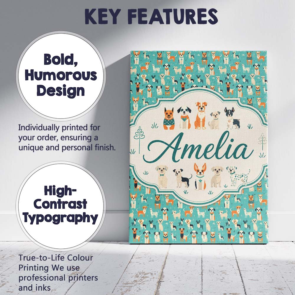 Personalised Name Cute Cartoon Dogs on Teal Custom Bespoke Interior Contemporary Canvas Wall Art Print Decor Picture Ready to Hang