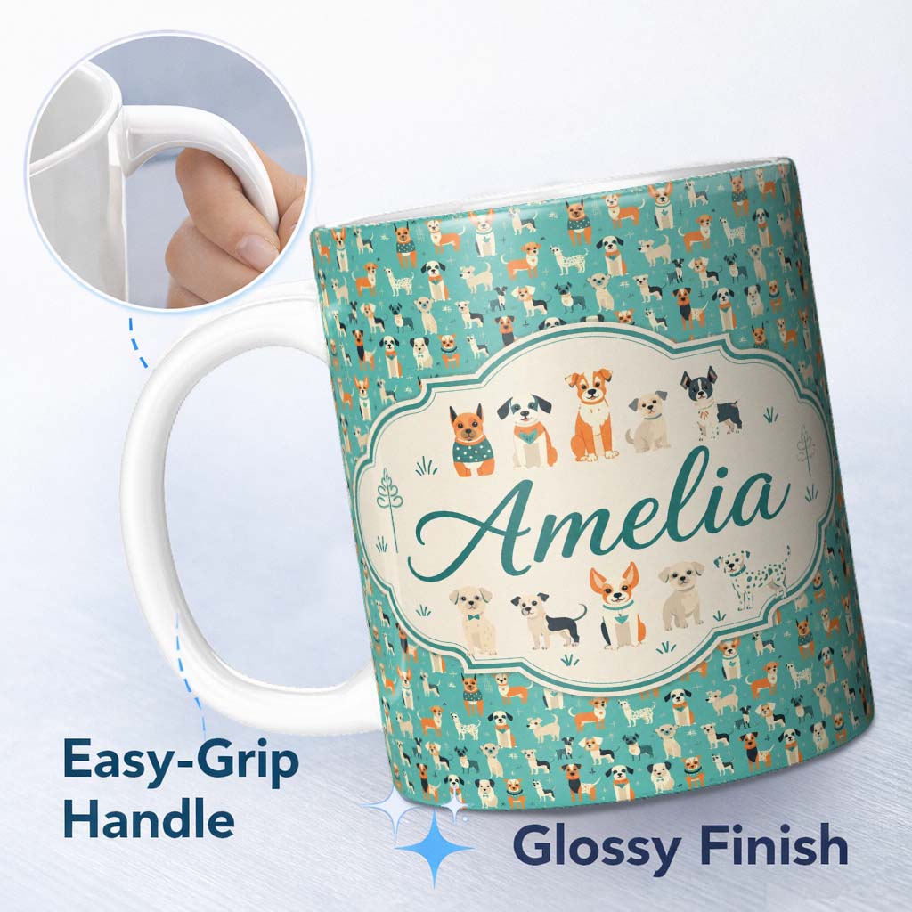 Personalized Custom Name Cute Cartoon Dogs on Teal Background Fun Seamless Pattern Name 11oz Ceramic Coffee Tea Mug White Large Handle