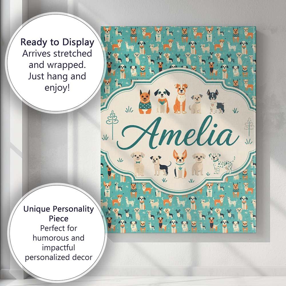 Personalised Name Cute Cartoon Dogs on Teal Custom Bespoke Interior Contemporary Canvas Wall Art Print Decor Picture Ready to Hang