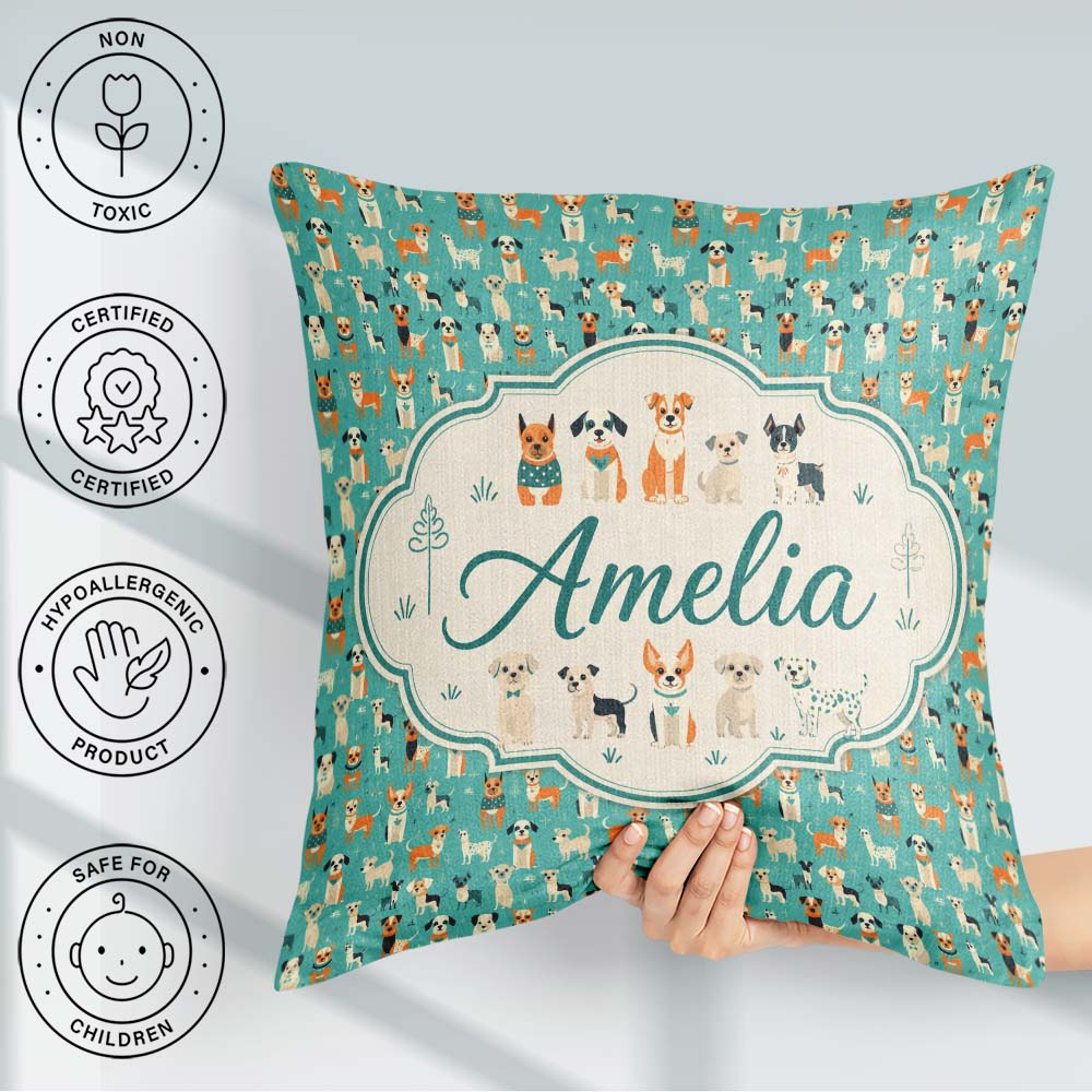 Custom Name Cute Cartoon Dogs on Teal Fun Seamless Pattern Name Square Filled Cushion Throw Pillow Sofa Bed Home Decor Zip Washable UK Made