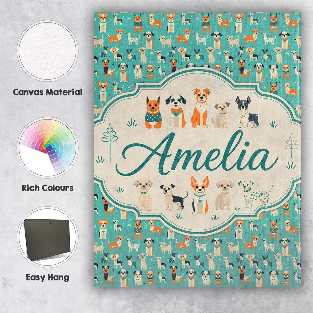 Personalised Name Cute Cartoon Dogs on Teal Custom Bespoke Interior Contemporary Canvas Wall Art Print Decor Picture Ready to Hang