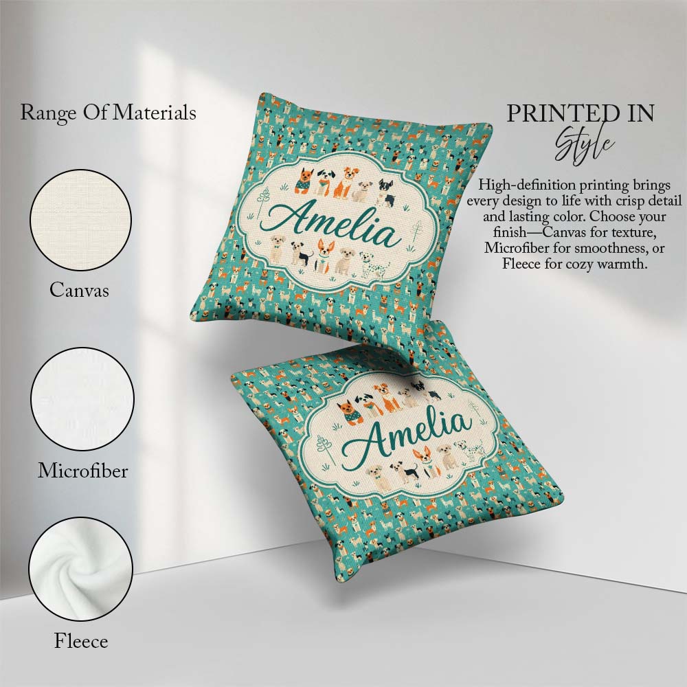 Custom Name Cute Cartoon Dogs on Teal Fun Seamless Pattern Name Square Filled Cushion Throw Pillow Sofa Bed Home Decor Zip Washable UK Made