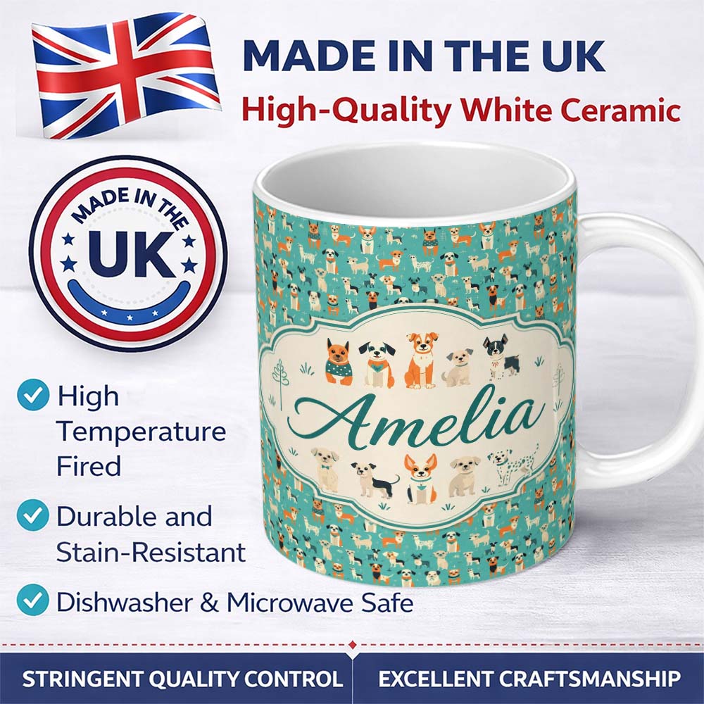 Personalized Custom Name Cute Cartoon Dogs on Teal Background Fun Seamless Pattern Name 11oz Ceramic Coffee Tea Mug White Large Handle