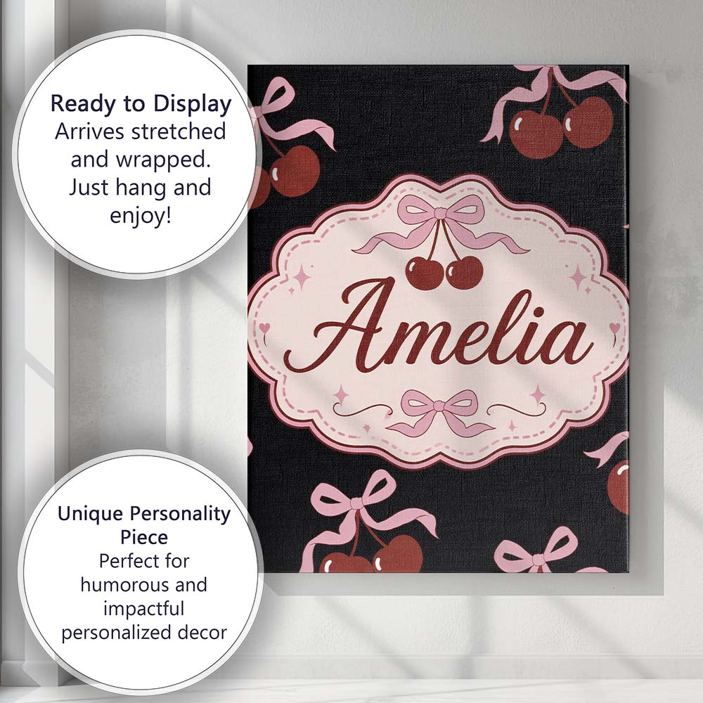Personalised Name Cherry Bow Ribbon Cute Light Grey Minimal Background Custom Decorative Canvas Wall Art Print Decor Picture Ready to Hang