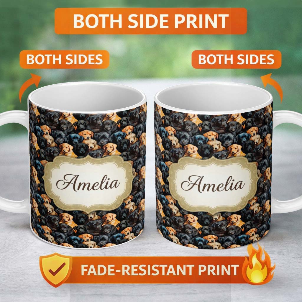 Personalized Custom Name Black and Golden Labrador Puppies Packed Seamless Pattern Custom 11oz Ceramic Coffee Tea Mug White Large Handle