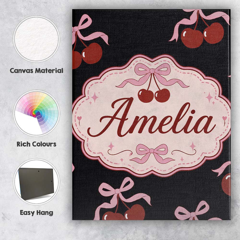 Personalised Name Cherry Bow Ribbon Cute Light Grey Minimal Background Custom Decorative Canvas Wall Art Print Decor Picture Ready to Hang