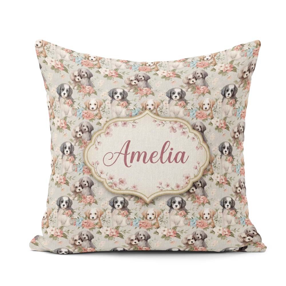 Custom Name Soft Fluffy Puppies with Pastel Flowers Pattern Name Square Filled Cushion Throw Pillow Sofa Bed Home Decor Zip Washable UK Made
