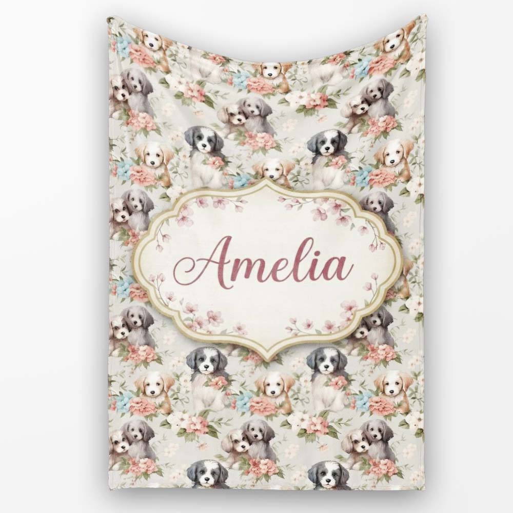 Soft Fluffy Puppies with Pastel Flowers Seamless Pattern Name Cute Personalised Custom Name Super Soft Fleece Blanket Bed Sofa Throw