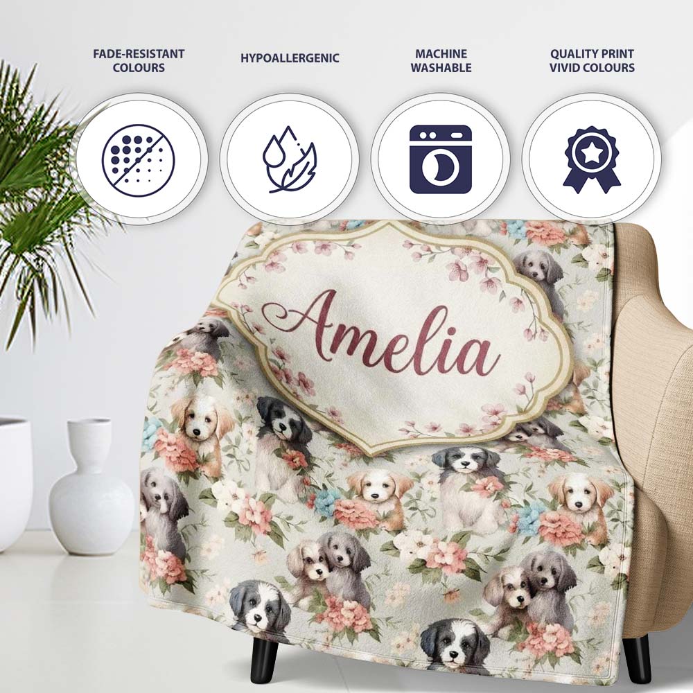 Soft Fluffy Puppies with Pastel Flowers Seamless Pattern Name Cute Personalised Custom Name Super Soft Fleece Blanket Bed Sofa Throw