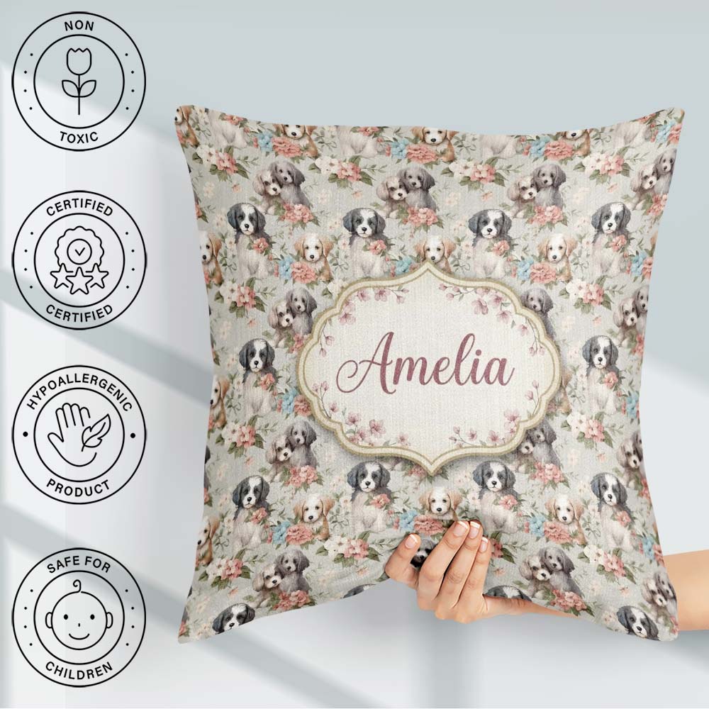 Custom Name Soft Fluffy Puppies with Pastel Flowers Pattern Name Square Filled Cushion Throw Pillow Sofa Bed Home Decor Zip Washable UK Made