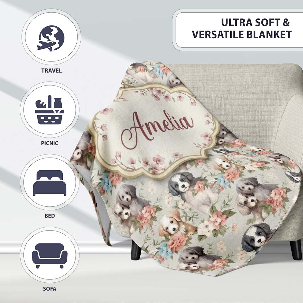 Soft Fluffy Puppies with Pastel Flowers Seamless Pattern Name Cute Personalised Custom Name Super Soft Fleece Blanket Bed Sofa Throw