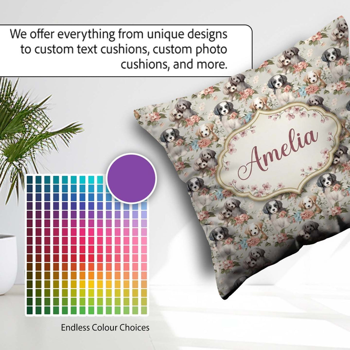 Custom Name Soft Fluffy Puppies with Pastel Flowers Pattern Name Square Filled Cushion Throw Pillow Sofa Bed Home Decor Zip Washable UK Made