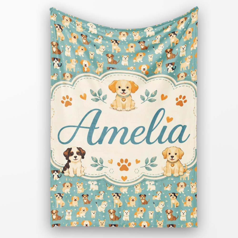 Cute Cartoon Puppy Dogs with Hearts Teal Background Seamless Personalised Custom Name Super Soft Fleece Blanket Bed Sofa Throw